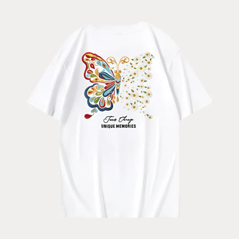 Butterfly embroidery cotton oversize tee with colorful design on back.